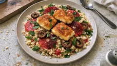 Couscous-Salat mit Datteldressing – fruchtig mit (Blut-)Orange und Bratkäse
