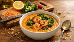 Sämige rote Linsencreme mit Garnelen und Broccoli – einfach, aber richtig raffiniert